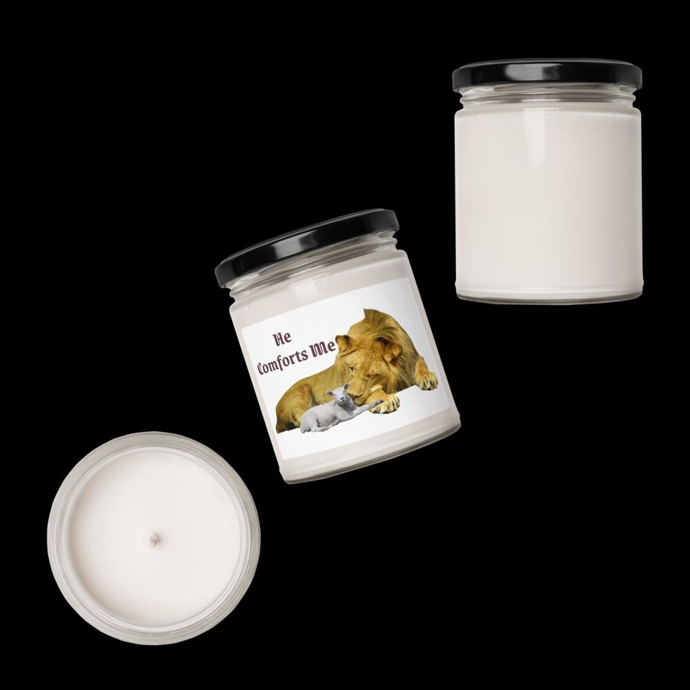 "He Comforts Me" Lion & Lamb Scented Soy Candle With Lid – 9 oz | Christian Gift
