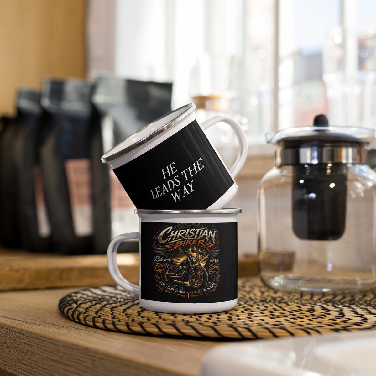 "He Leads the Way" Christian Biker Enamel Mug – 12 oz | Ride with Faith