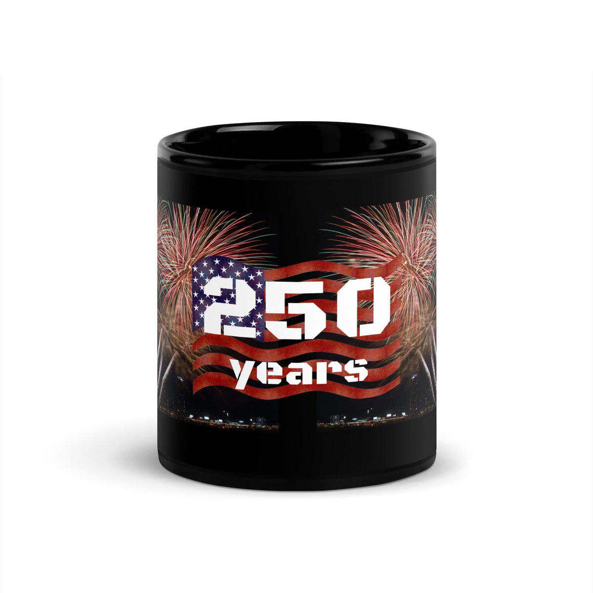 America 250 Years Fireworks & Flag Black Glossy Mug – 11 oz | Patriotic Gift