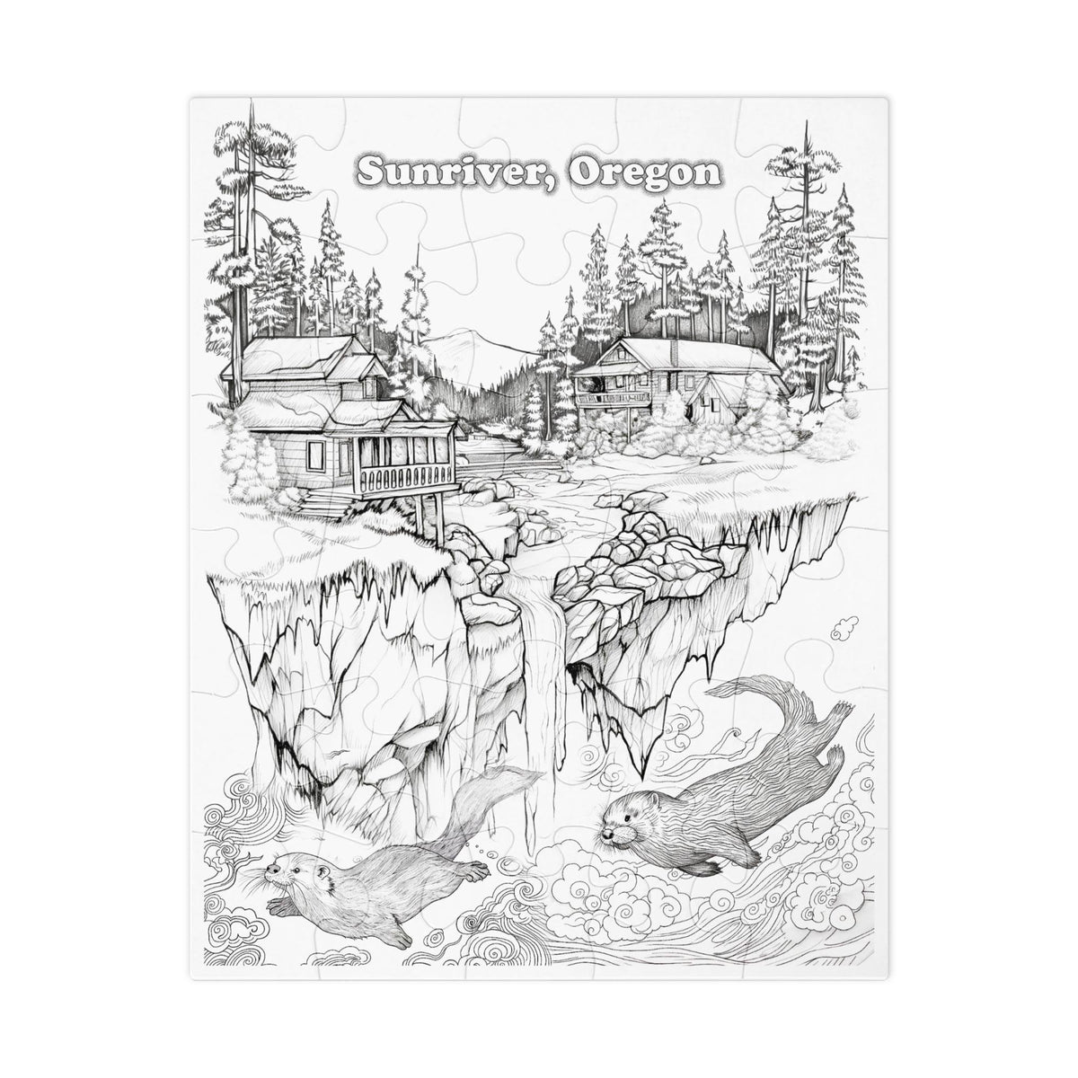 Sunriver Oregon Jigsaw Puzzle, Colorable Otters, Mountains, Cabin, Tin Box (8" x 10")