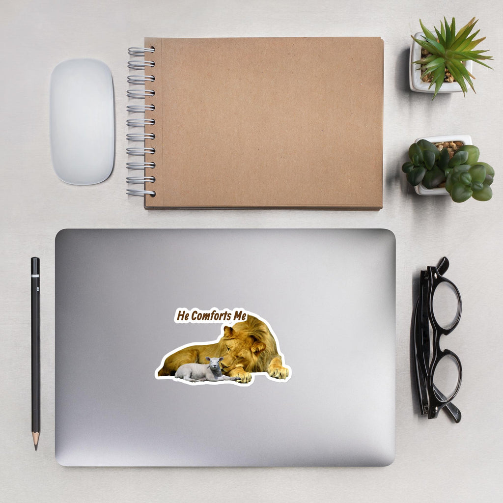 "He Comforts Me" Lion & Lamb Sticker – 5×5" | Christian Faith Sticker