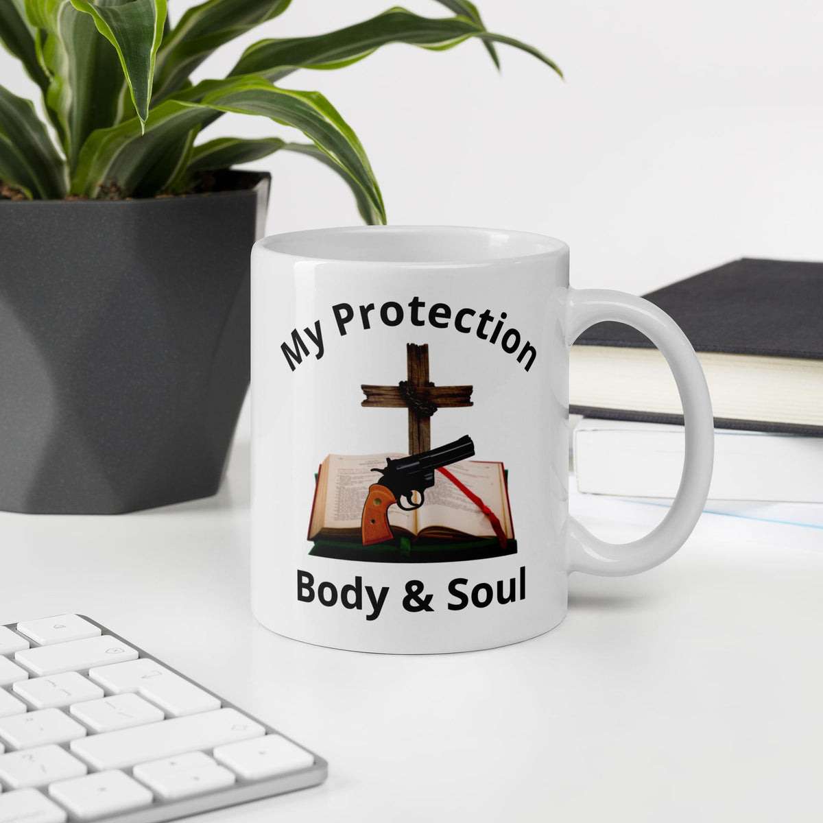"My Protection, Body & Soul" White Glossy Mug – Cross, Bible & Handgun