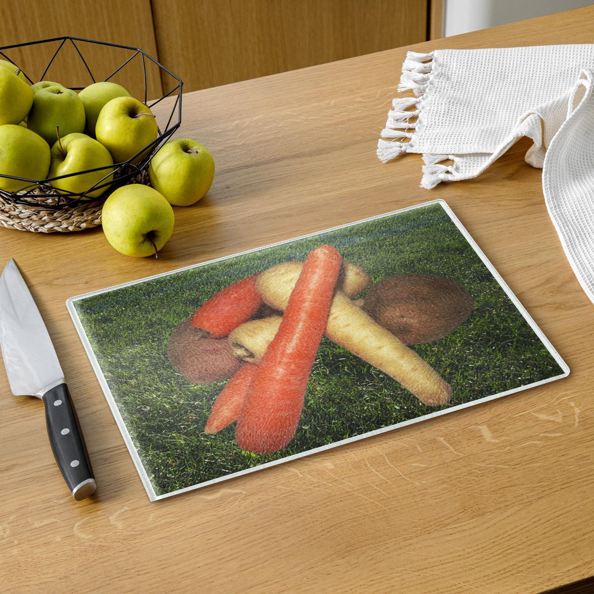 Vegetables & Grass Background Glass Cutting Board – 11×15" | Kitchen Gift for Cooks