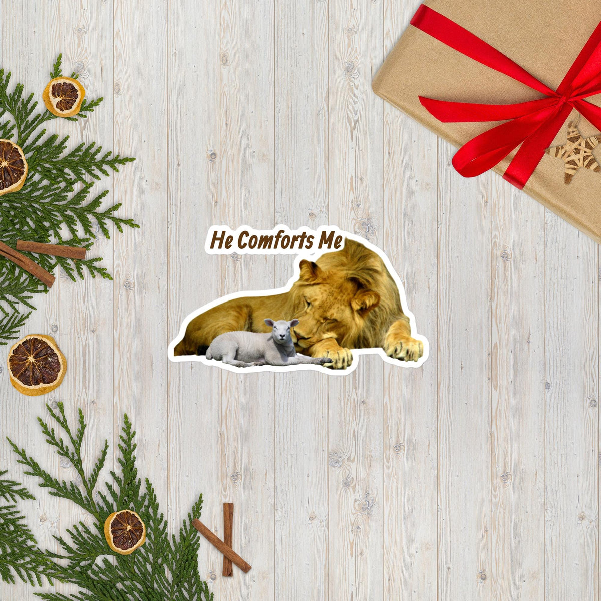 "He Comforts Me" Lion & Lamb Sticker – 5×5" | Christian Faith Sticker