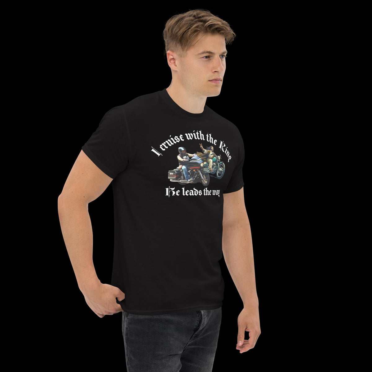 "I Ride With the King" Christian Biker Graphic T-Shirt | Faith & Motorcycle Gift
