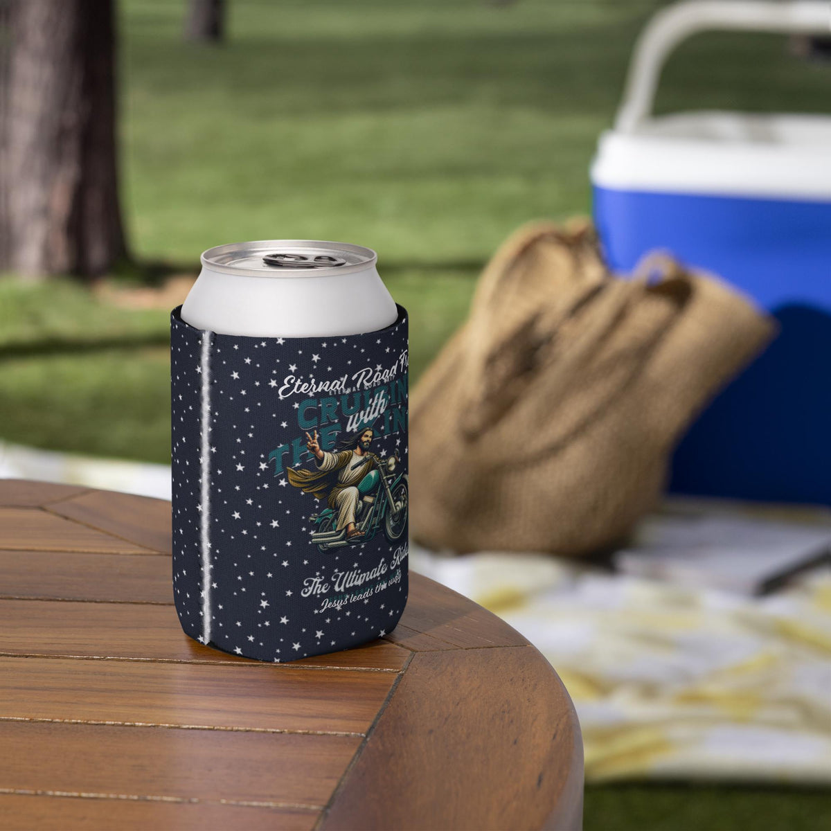 "Eternal Road Trip" Jesus Motorcycle Can Cooler – 12 oz