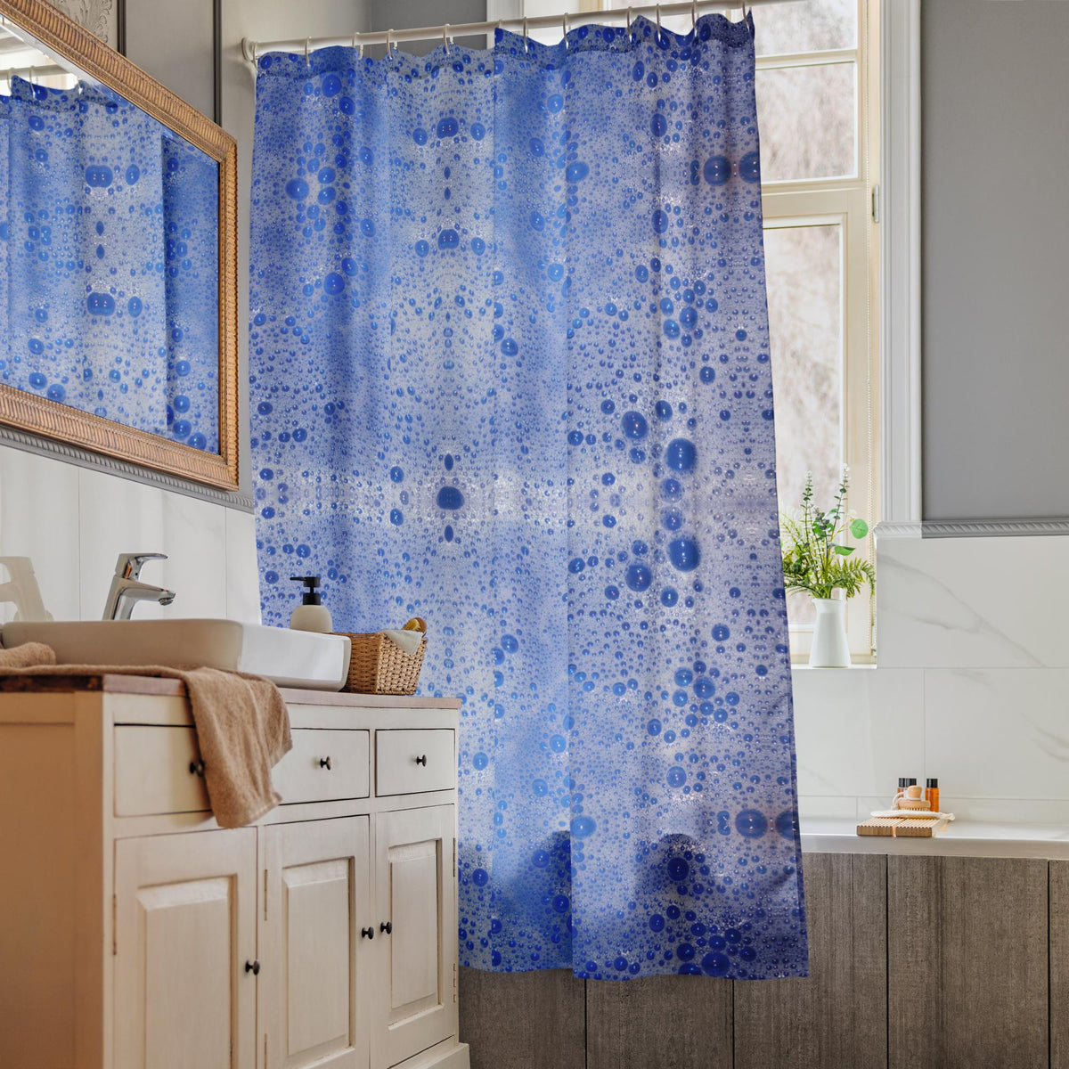 Soap Bubbles Shower Curtain – Blue Background, Unique Bathroom Gift for Her