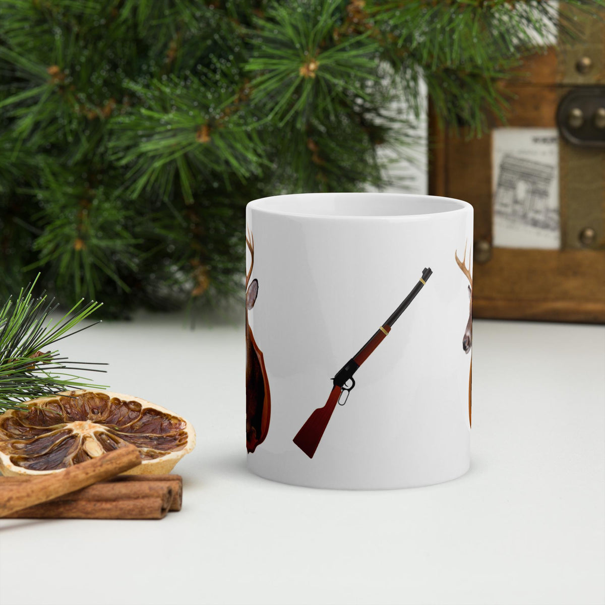 Deer Head & Hunting Rifle Ceramic Mug – 11 oz | Hunter's Gift