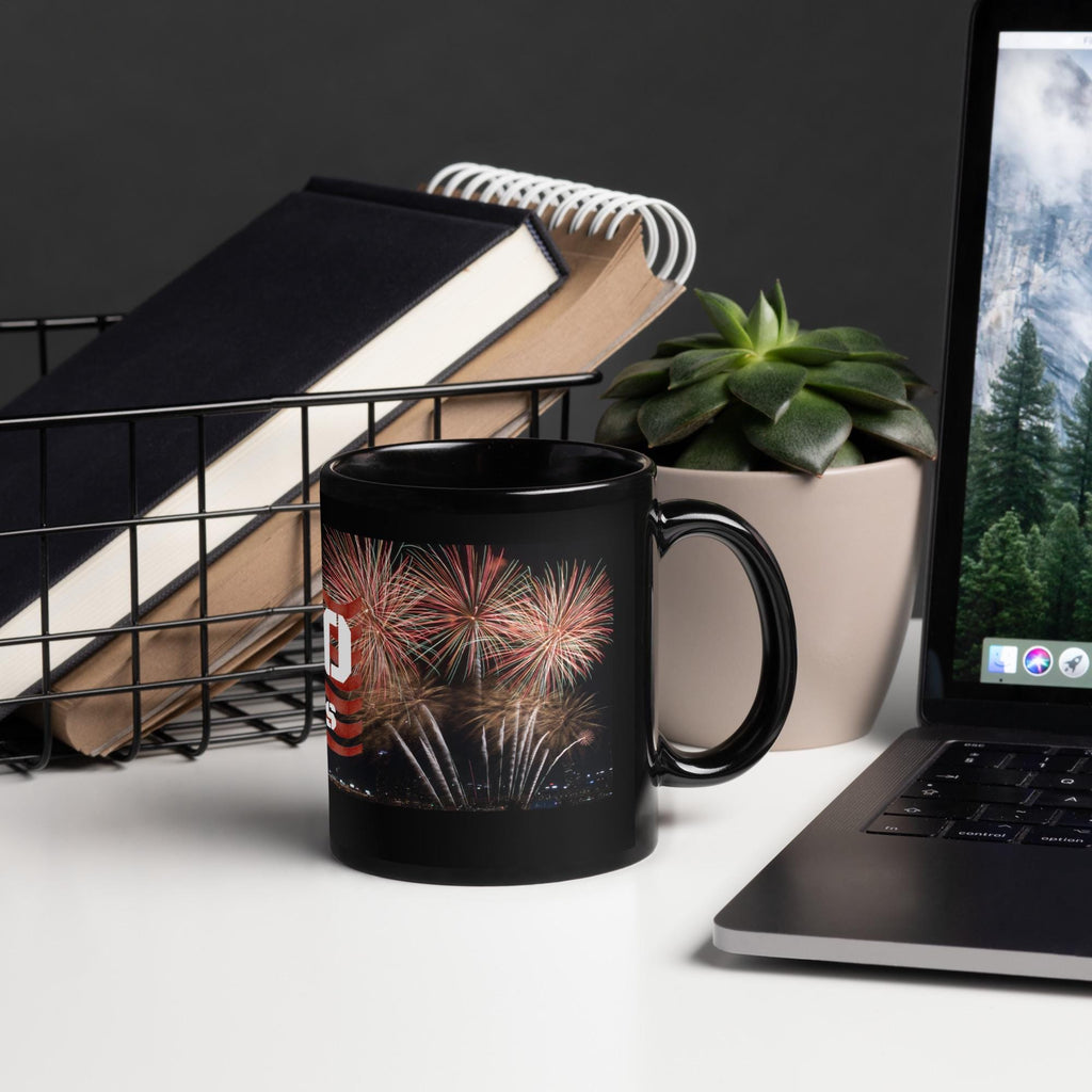 America 250 Years Fireworks & Flag Black Glossy Mug – 11 oz | Patriotic Gift