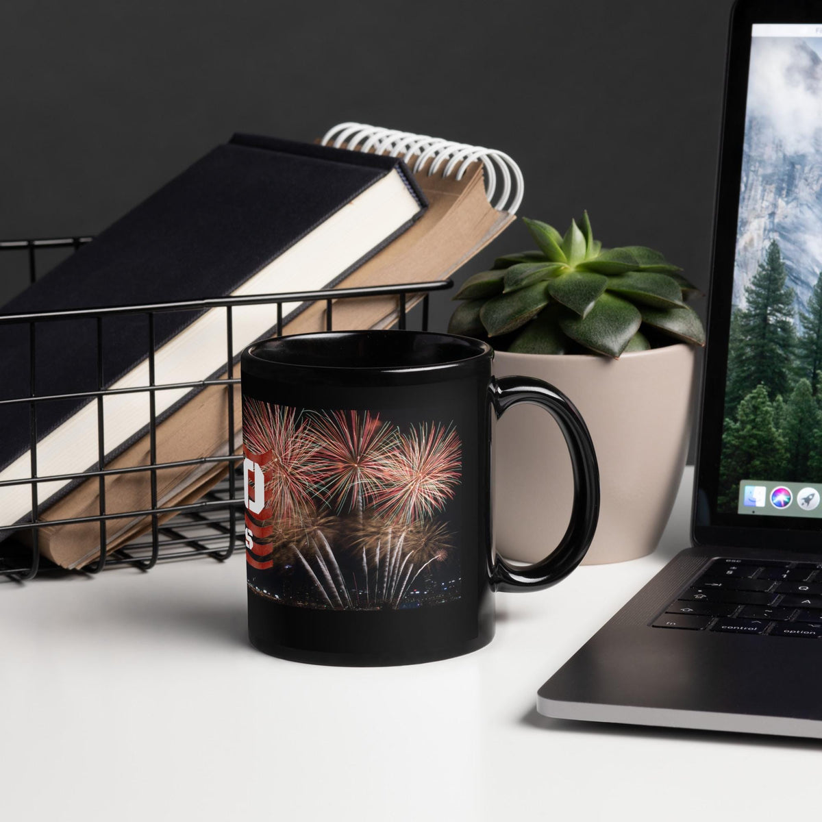 America 250 Years Fireworks & Flag Black Glossy Mug – 11 oz | Patriotic Gift