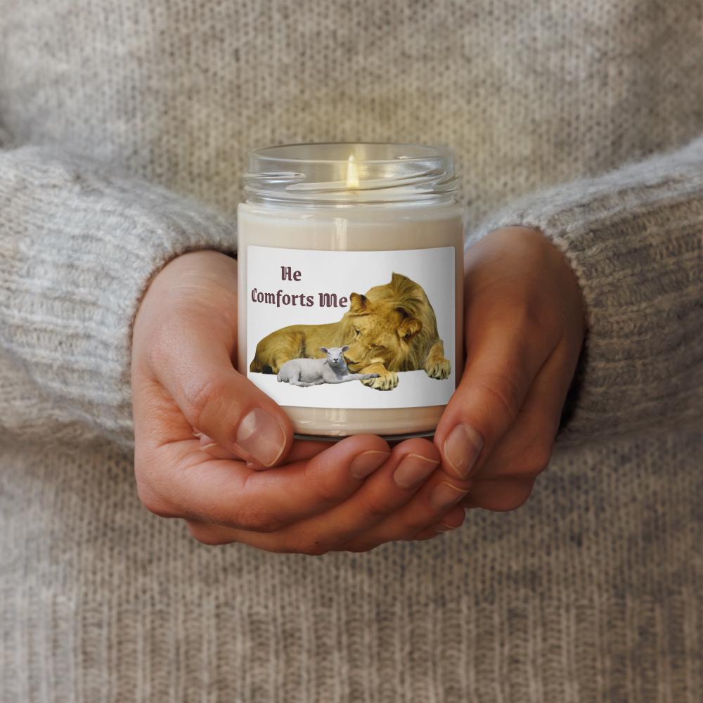 "He Comforts Me" Lion & Lamb Scented Soy Candle With Lid – 9 oz | Christian Gift