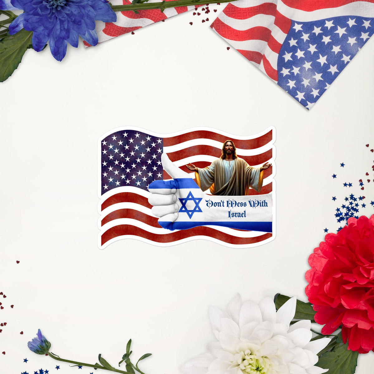 Israel Pride Sticker – American Flag, Jesus & Star of David | 5×5" Faith Sticker