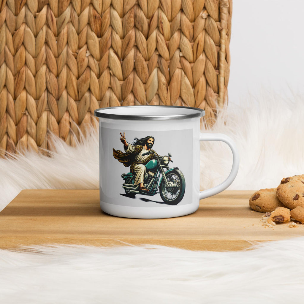 Jesus Riding Motorcycle Enamel Mug – 12 oz | Christian Biker Gift