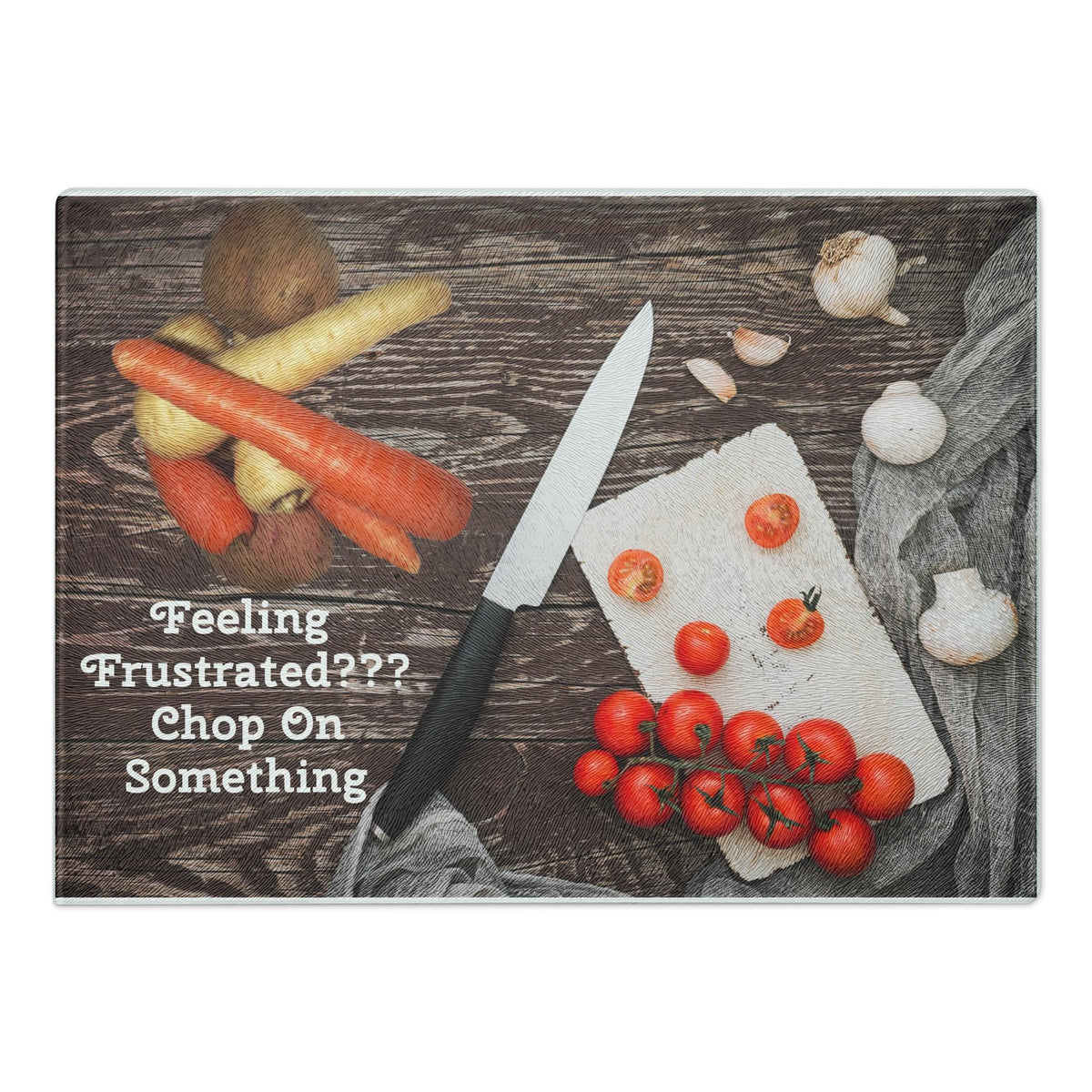 Vegetables & Knife Design Glass Cutting Board – 11×15" | Kitchen Gift