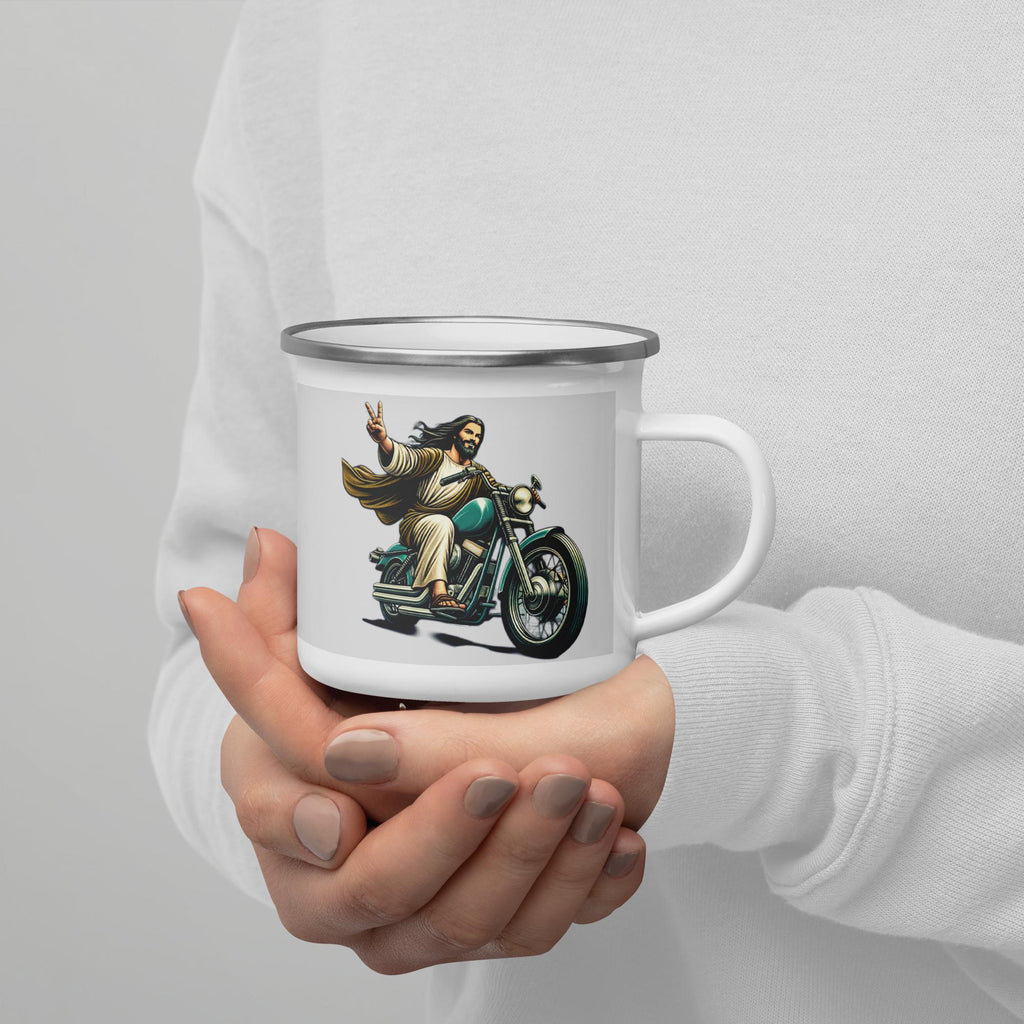 Jesus Riding Motorcycle Enamel Mug – 12 oz | Christian Biker Gift