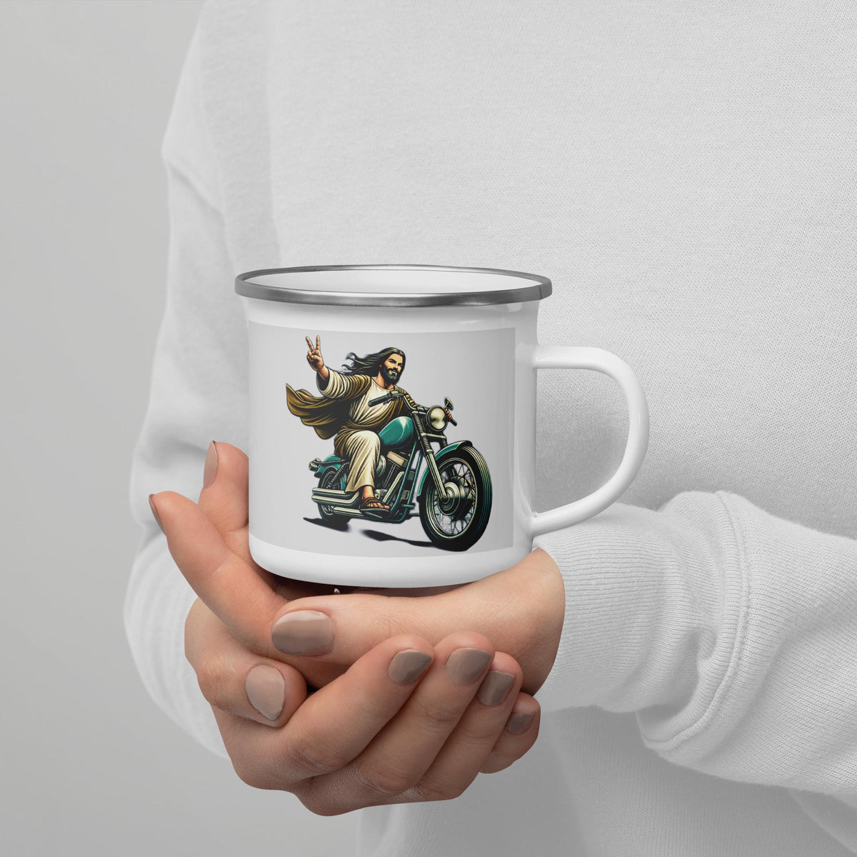 Jesus Riding Motorcycle Enamel Mug – 12 oz | Christian Biker Gift