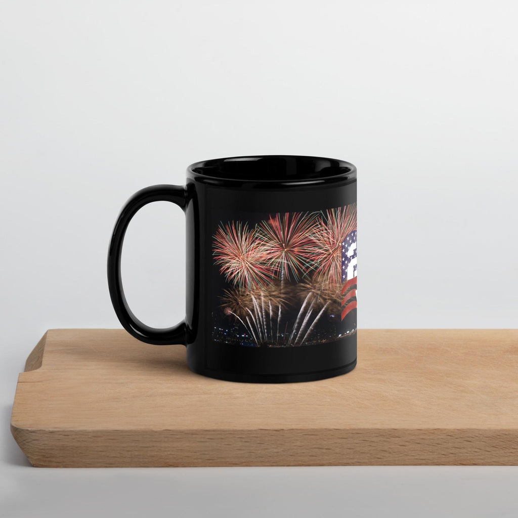 America 250 Years Fireworks & Flag Black Glossy Mug – 11 oz | Patriotic Gift