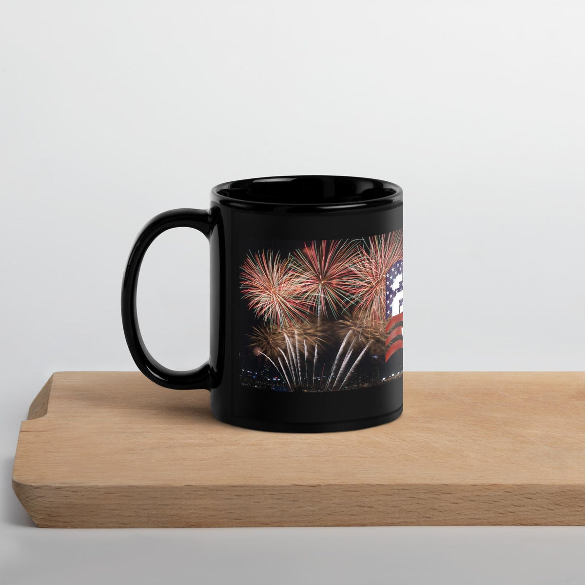 America 250 Years Fireworks & Flag Black Glossy Mug – 11 oz | Patriotic Gift