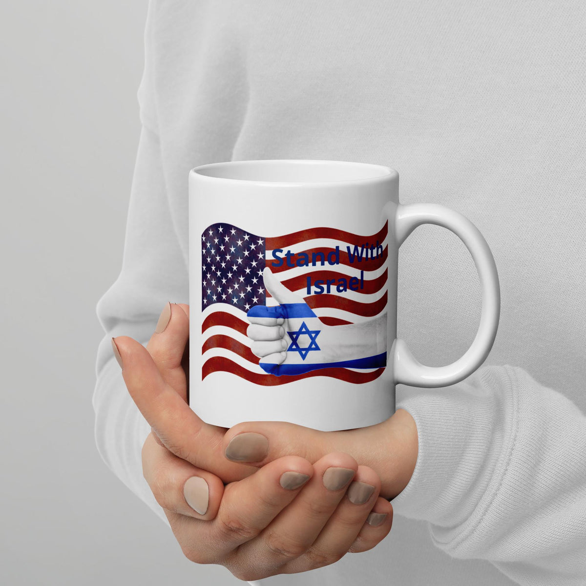 Stand With Israel American Flag & Star of David White Glossy Mug – 11 oz | Patriotic Gift