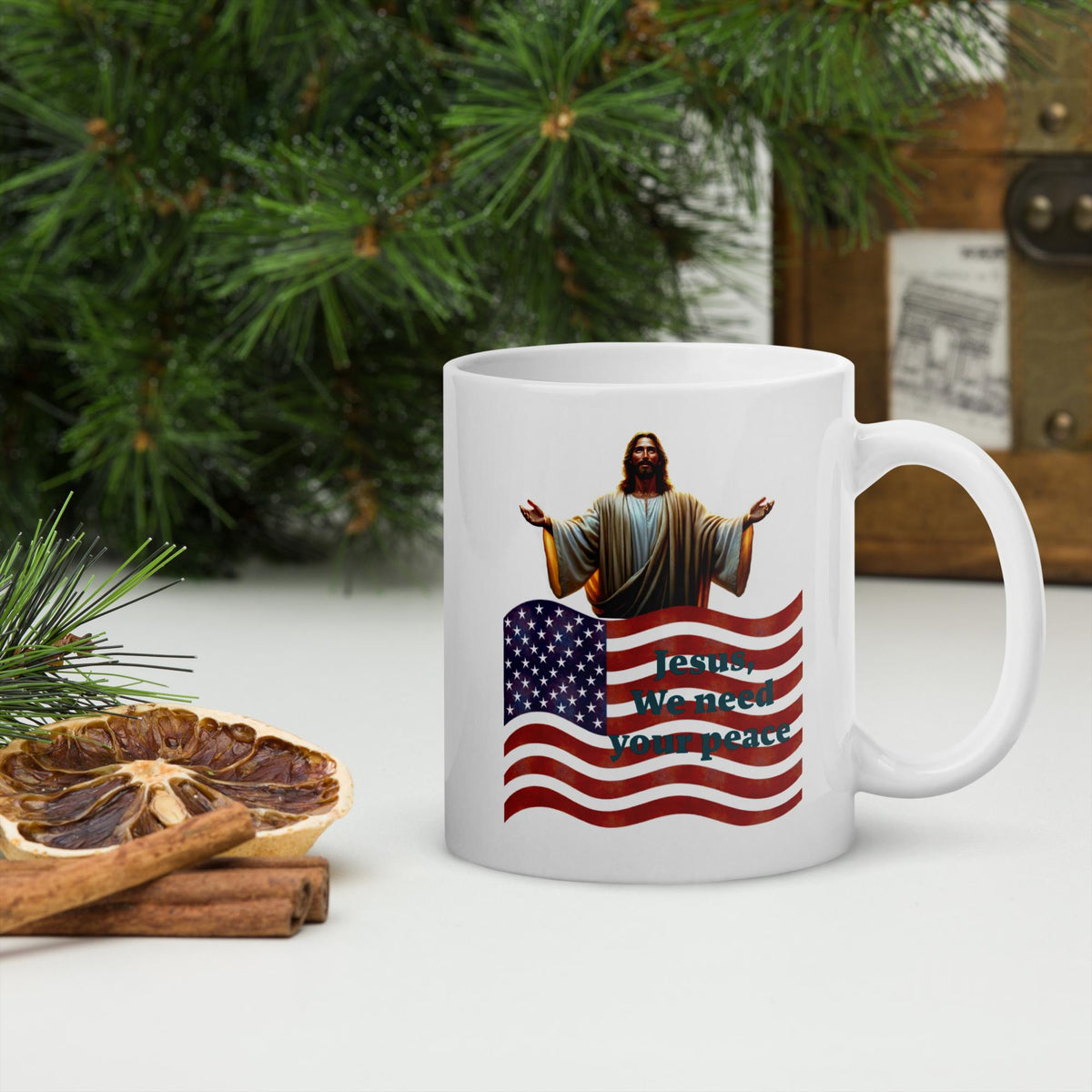Jesus & American Flag White Ceramic Mug – 11 oz | Patriotic Christian Gift