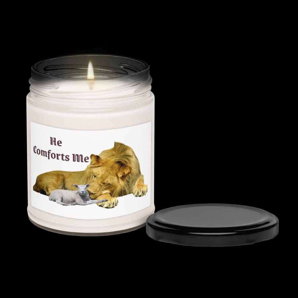 "He Comforts Me" Lion & Lamb Scented Soy Candle With Lid – 9 oz | Christian Gift