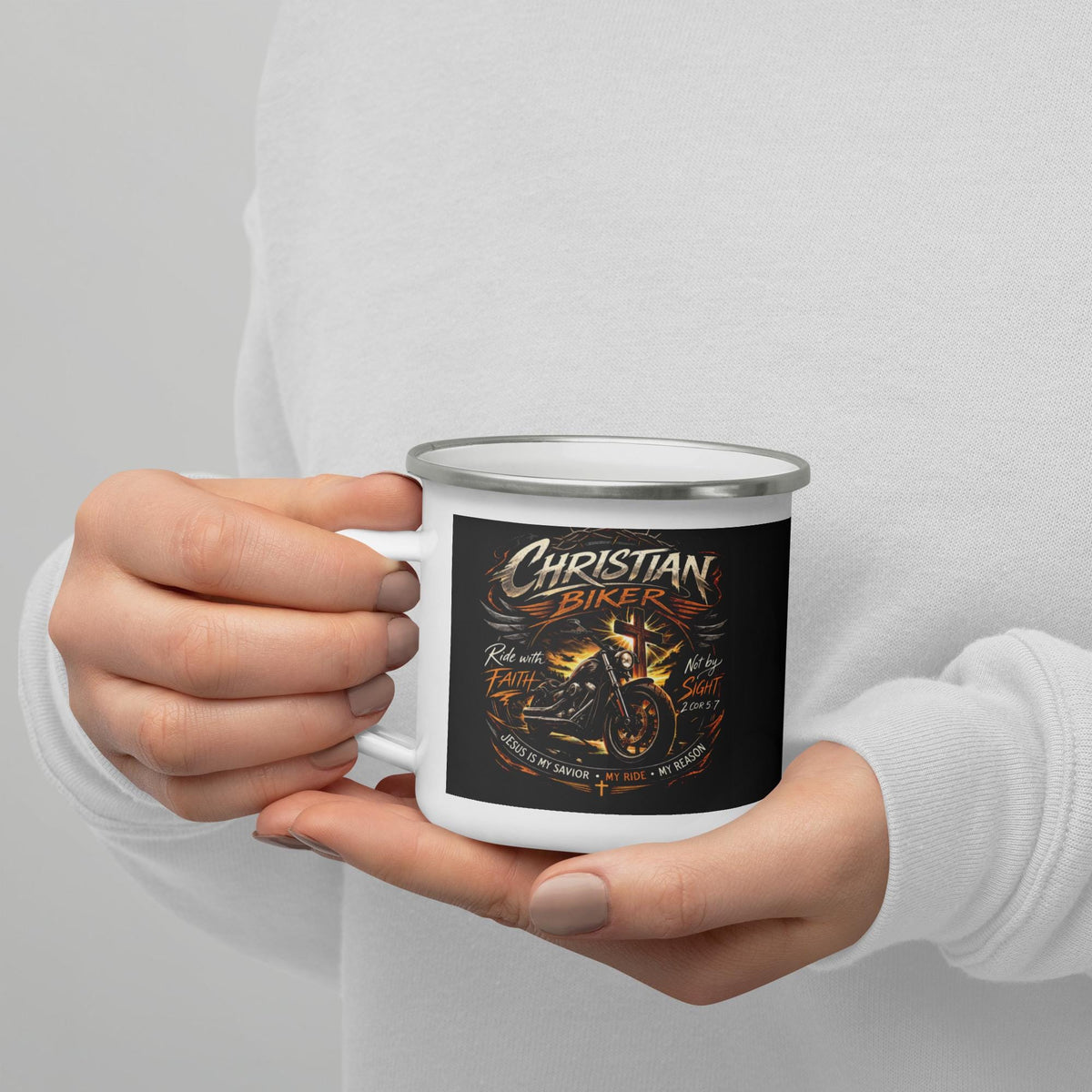 "He Leads the Way" Christian Biker Enamel Mug – 12 oz | Ride with Faith