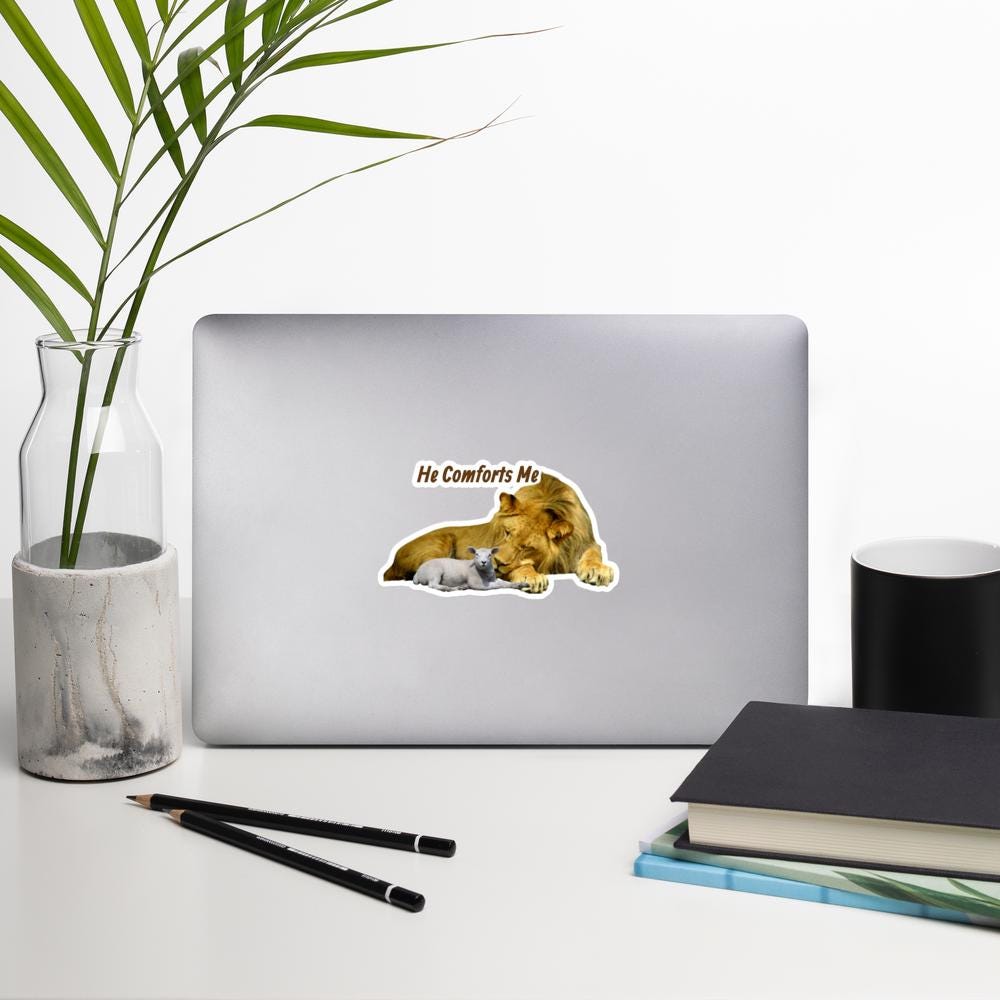 "He Comforts Me" Lion & Lamb Sticker – 5×5" | Christian Faith Sticker