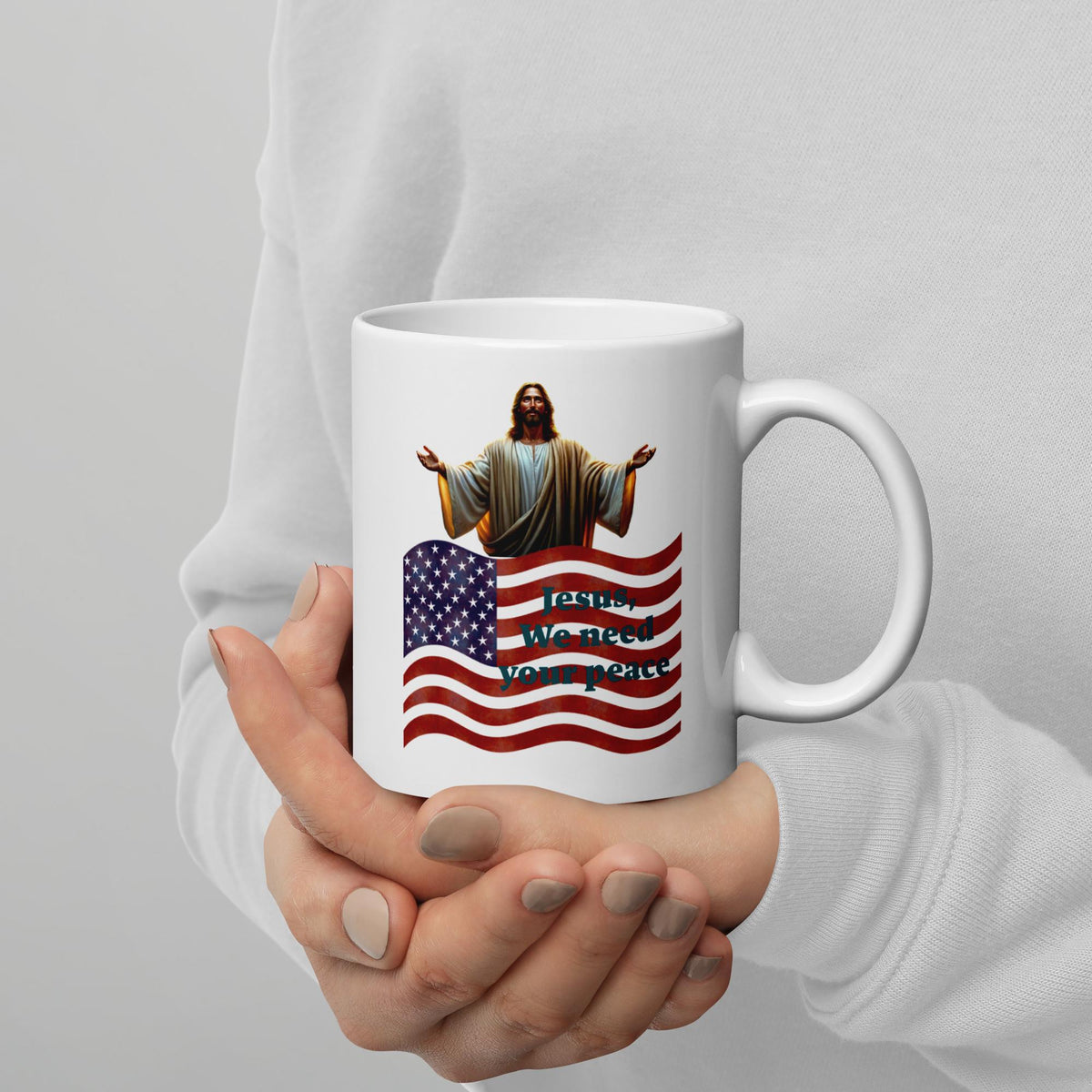 Jesus & American Flag White Ceramic Mug – 11 oz | Patriotic Christian Gift