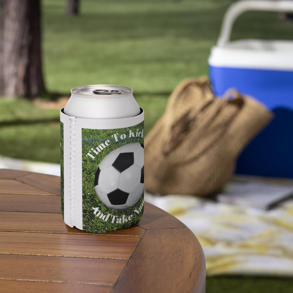 Soccer Ball Can Cooler – Green Grass Background | Soccer Fan Gift