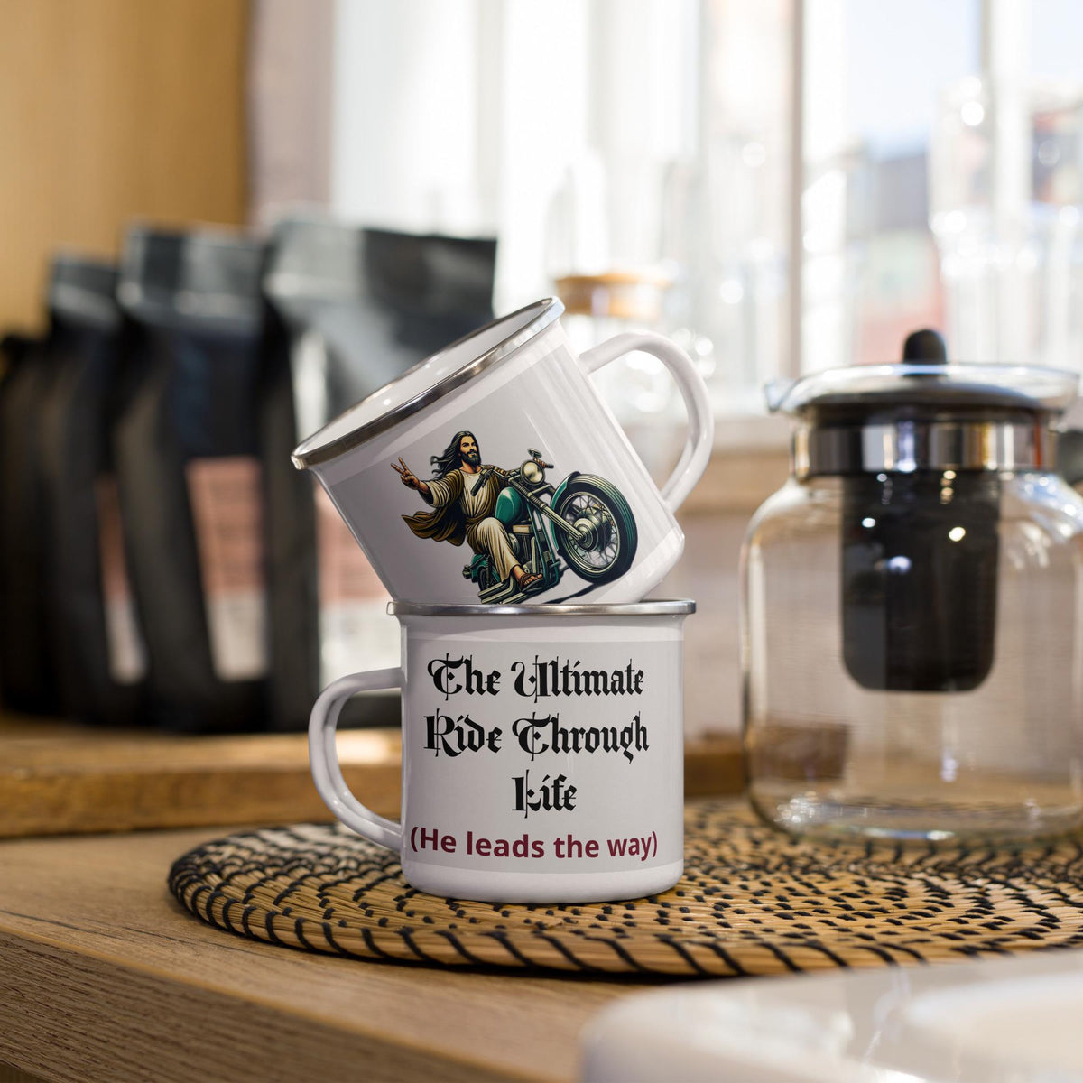 Jesus Riding Motorcycle Enamel Mug – 12 oz | Christian Biker Gift