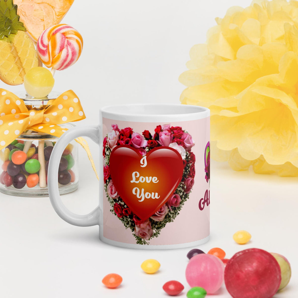 Heart & Roses Glossy Mug – 11 oz | Valentine's Day Gift for Her or Him