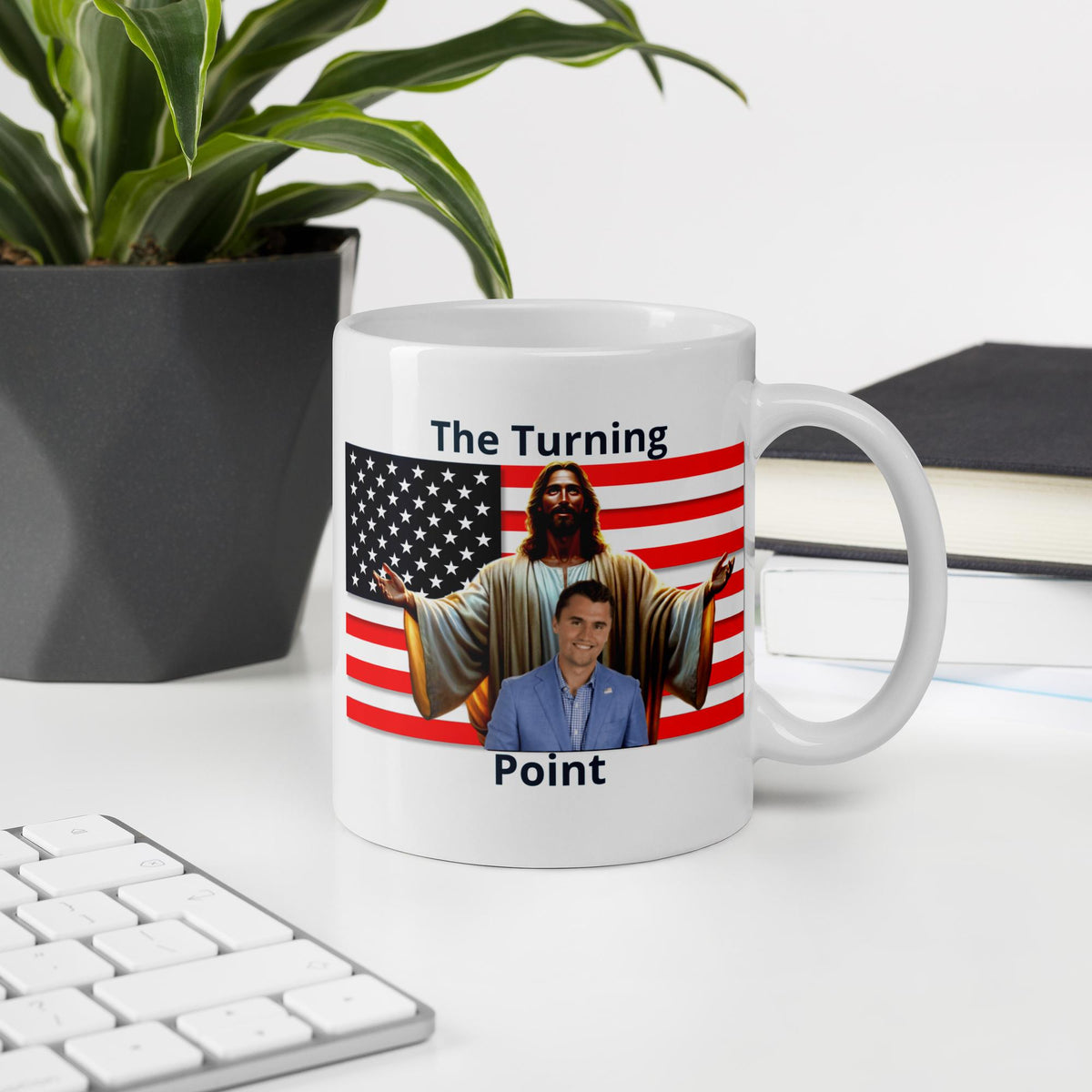 Charlie Kirk American Flag & Jesus White Glossy Mug – 11 oz | Patriotic Conservative Gift