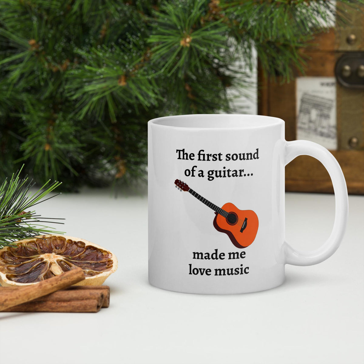 "The First Sound of a Guitar Made Me Love Music" White Glossy Mug – 11 oz | Music Lover Gift