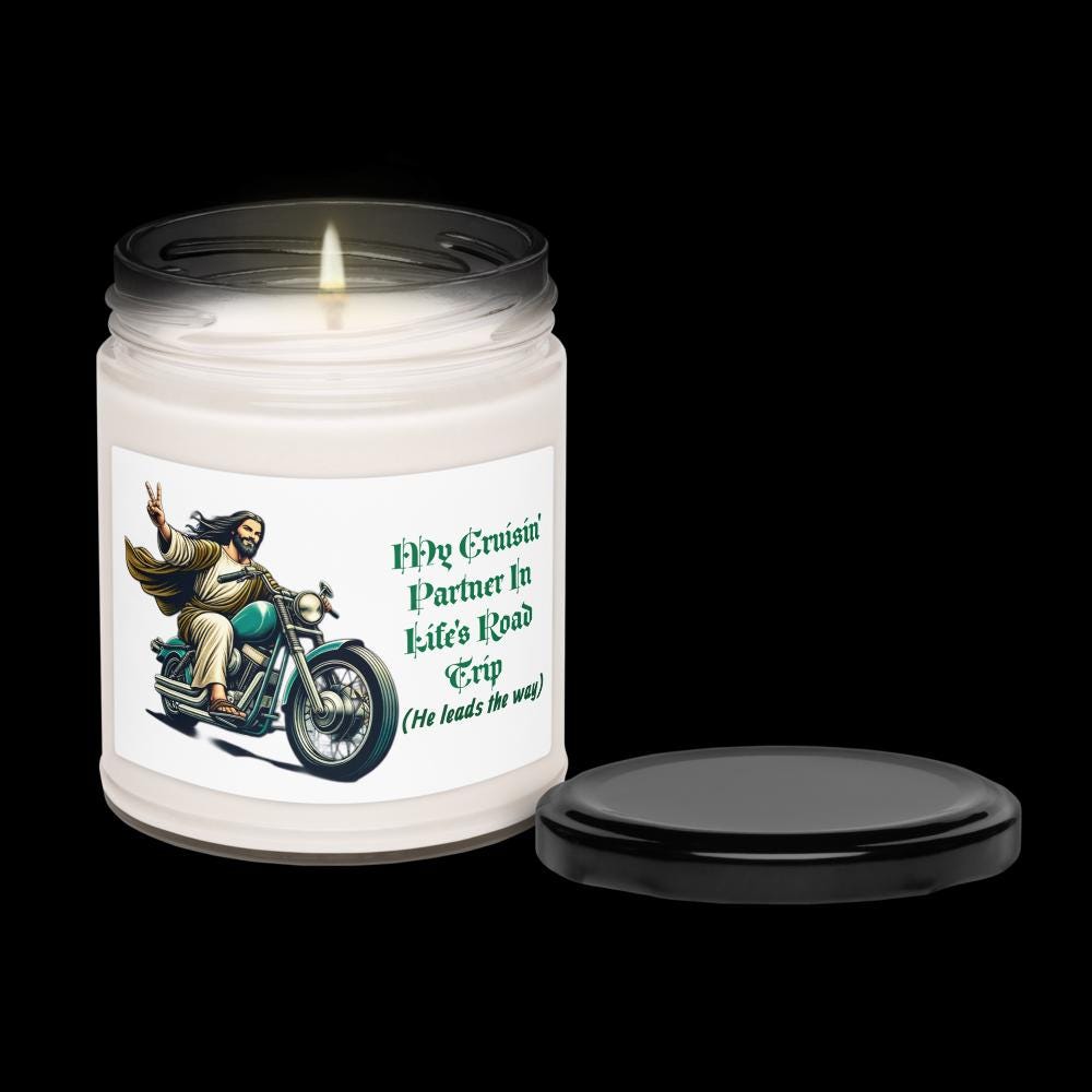 Jesus on Motorcycle Soy Candle – Christian Biker Gift