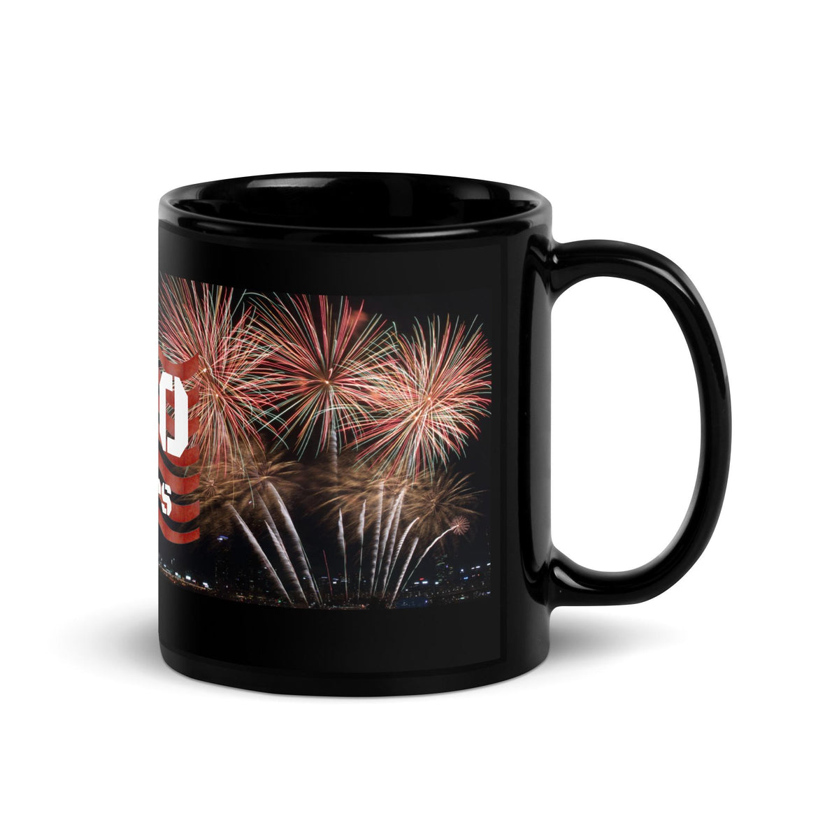 America 250 Years Fireworks & Flag Black Glossy Mug – 11 oz | Patriotic Gift