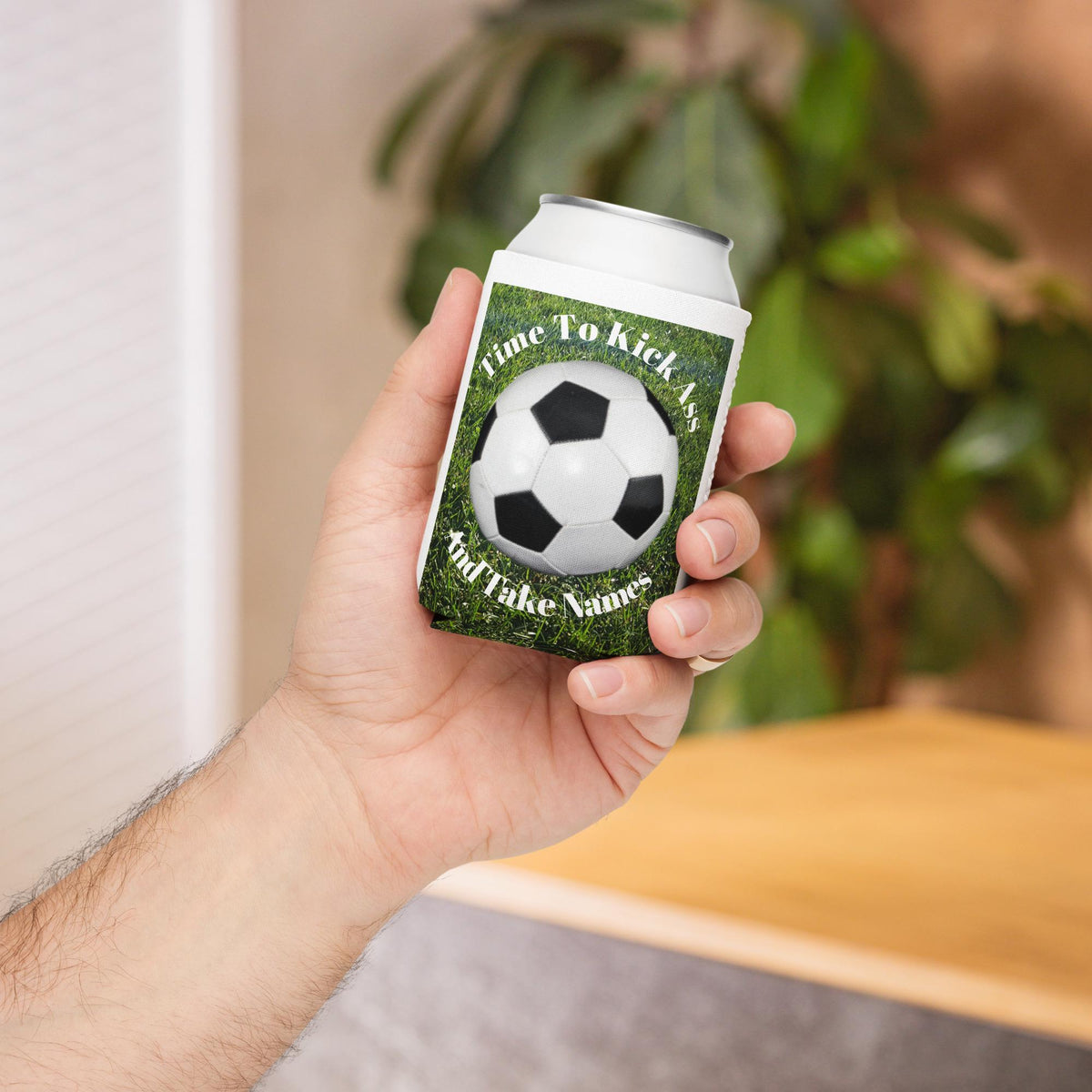 Soccer Ball Can Cooler – Green Grass Background | Soccer Fan Gift
