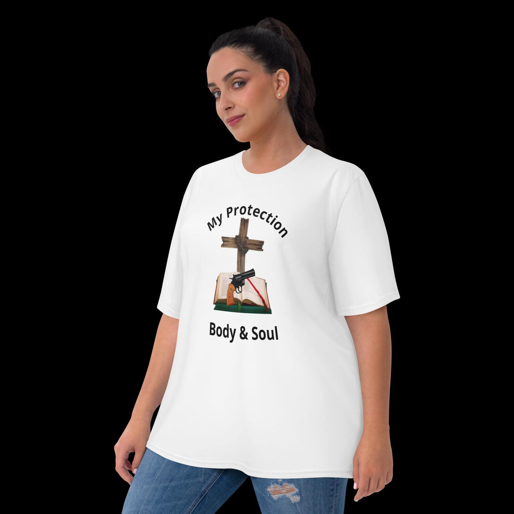 "My Protection, Body & Soul" Women's T-Shirt – Cross, Bible & Handgun