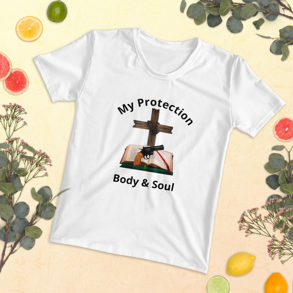 "My Protection, Body & Soul" Women's T-Shirt – Cross, Bible & Handgun