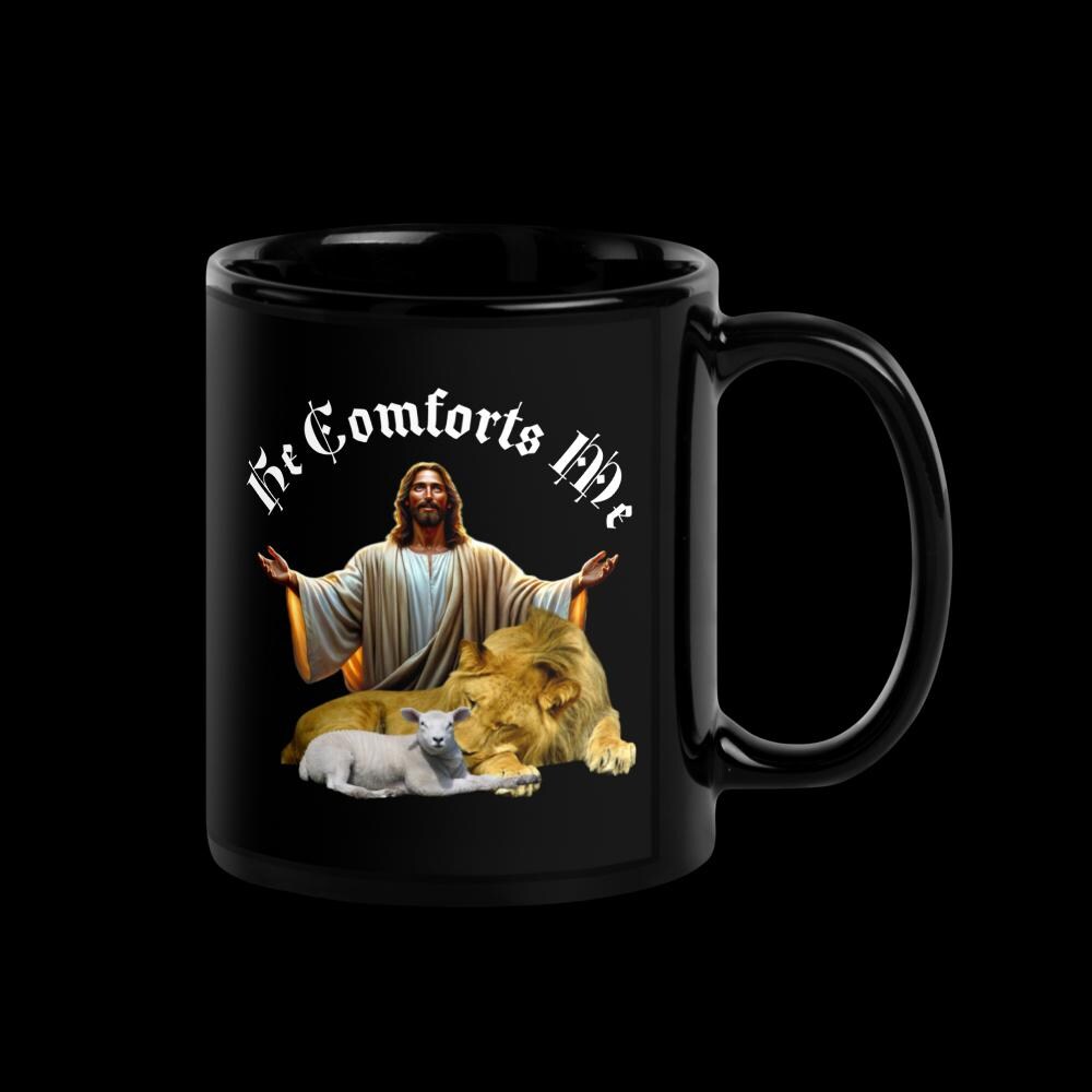 "He Comforts Me" Lion & Lamb Black Glossy Mug – 11 oz | Christian Faith Gift