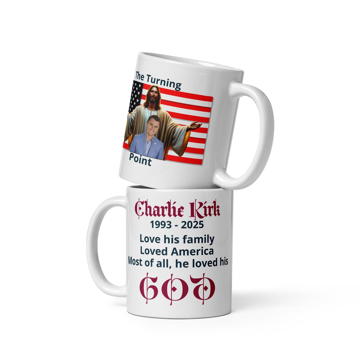 Charlie Kirk American Flag & Jesus White Glossy Mug – 11 oz | Patriotic Conservative Gift