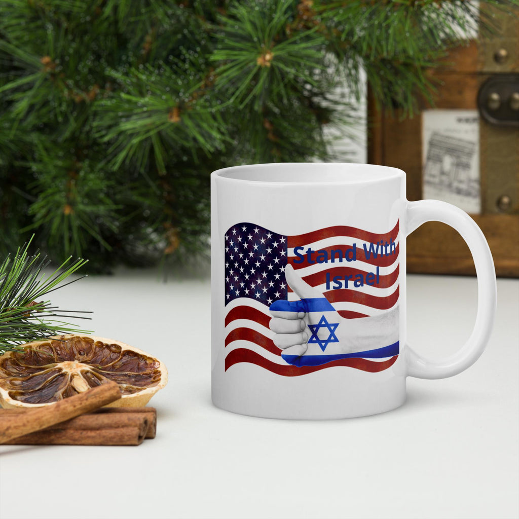 Stand With Israel American Flag & Star of David White Glossy Mug – 11 oz | Patriotic Gift