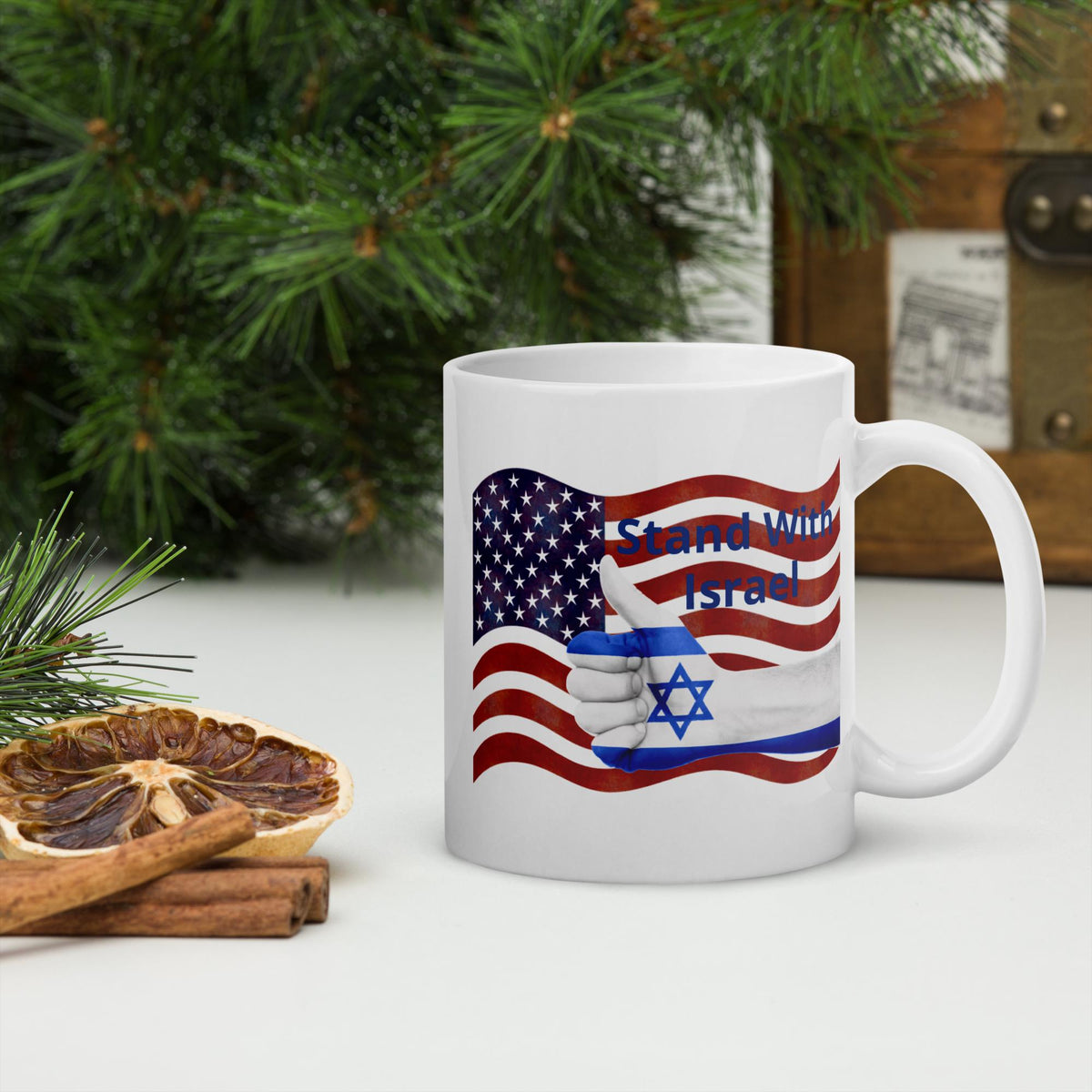 Stand With Israel American Flag & Star of David White Glossy Mug – 11 oz | Patriotic Gift