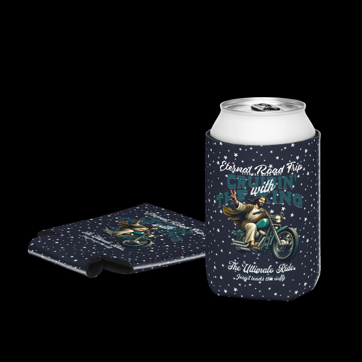 "Eternal Road Trip" Jesus Motorcycle Can Cooler – 12 oz