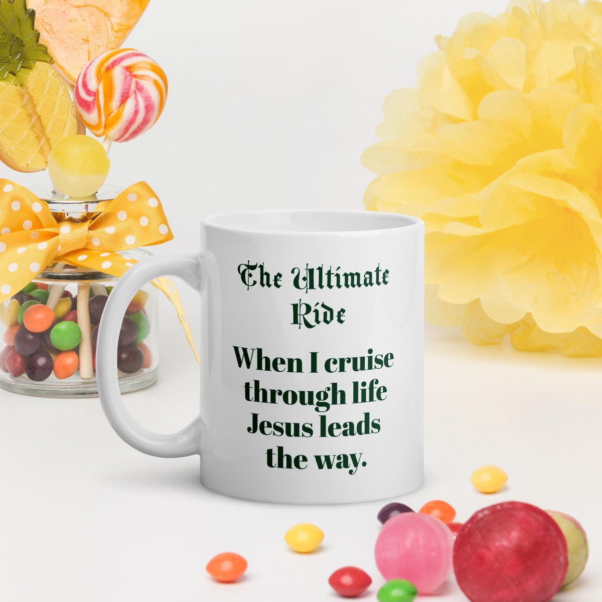 "The Ultimate Ride" Jesus Riding Motorcycle White Glossy Mug – 11 oz | Christian Biker Gift