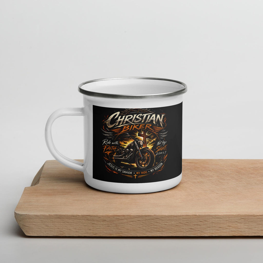 "He Leads the Way" Christian Biker Enamel Mug – 12 oz | Ride with Faith