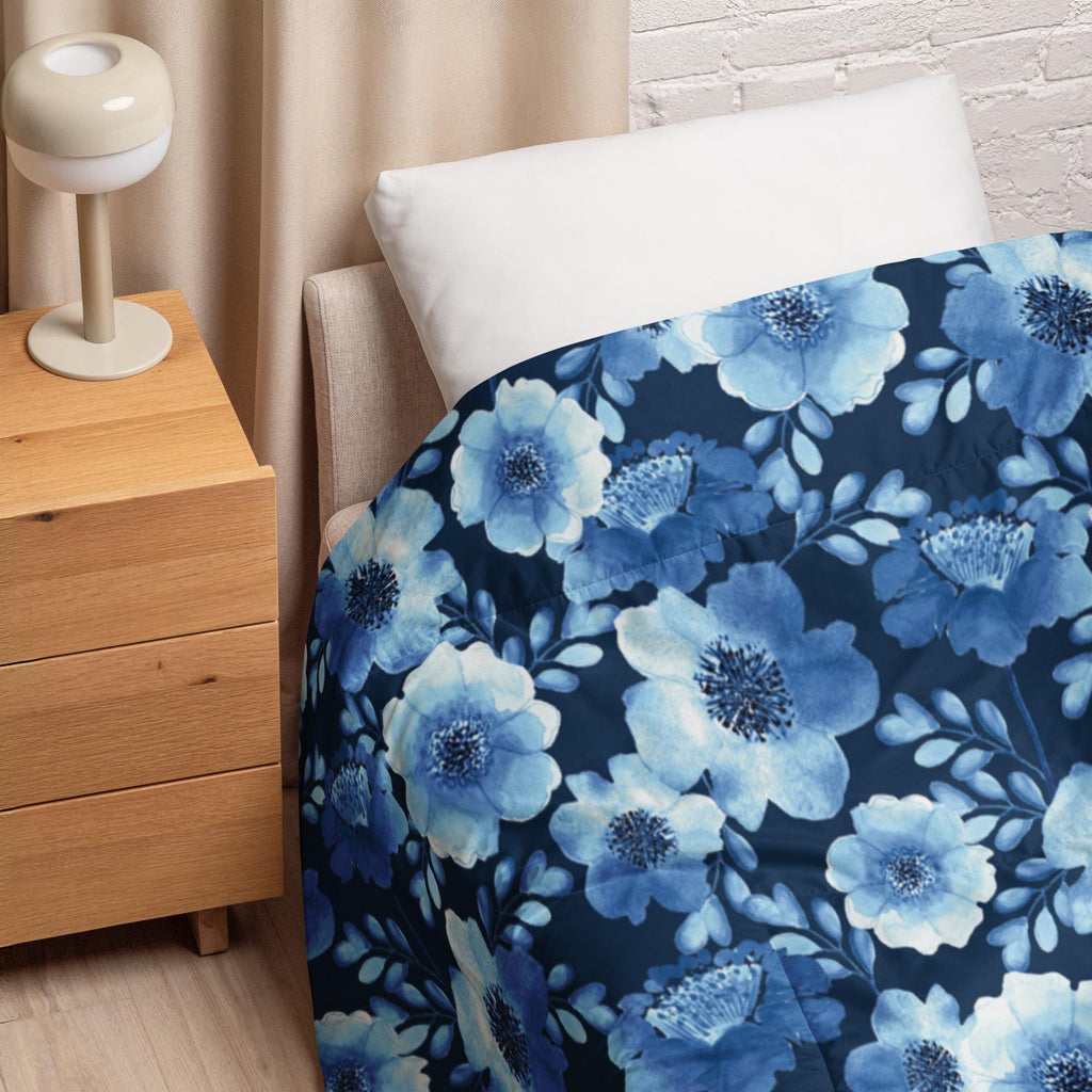 All-Over Blue Floral With Blue Background Design Comforter, King, Queen, Full, or Twin