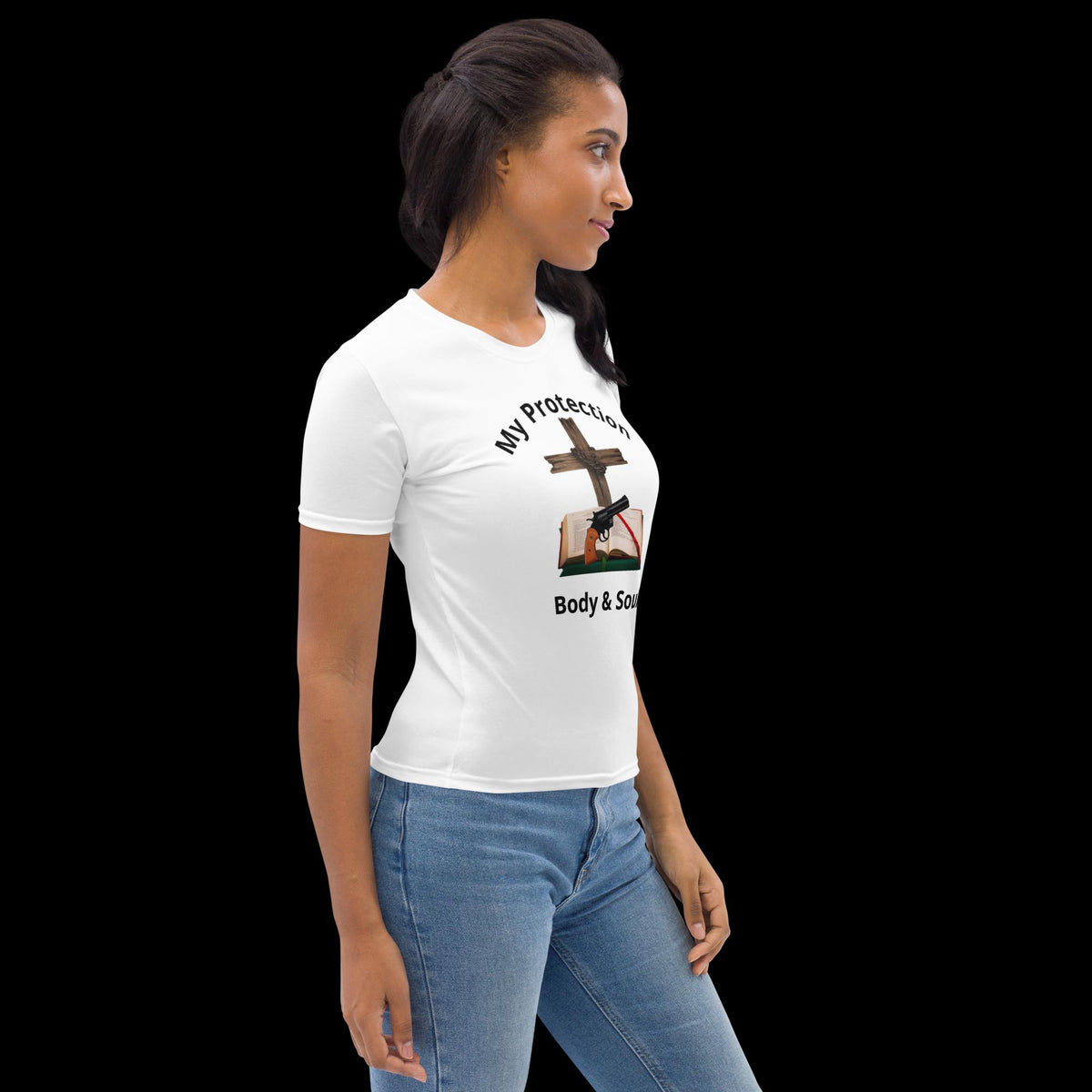 "My Protection, Body & Soul" Women's T-Shirt – Cross, Bible & Handgun