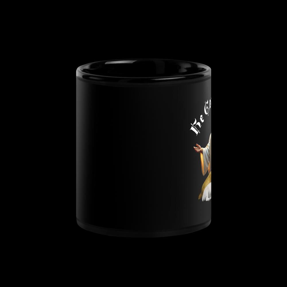 "He Comforts Me" Lion & Lamb Black Glossy Mug – 11 oz | Christian Faith Gift