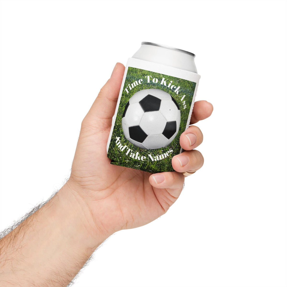 Soccer Ball Can Cooler – Green Grass Background | Soccer Fan Gift