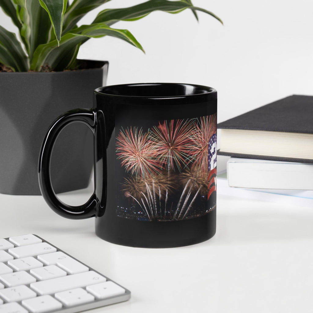 America 250 Years Fireworks & Flag Black Glossy Mug – 11 oz | Patriotic Gift